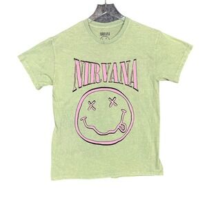 Nirvana Band Tee Mens Medium‎ Green Pink Smiley Face T-Shirt Short Sleeve Grunge